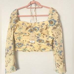Mango Yellow Floral Square-Neck Long Sleeve Crop Top Size M